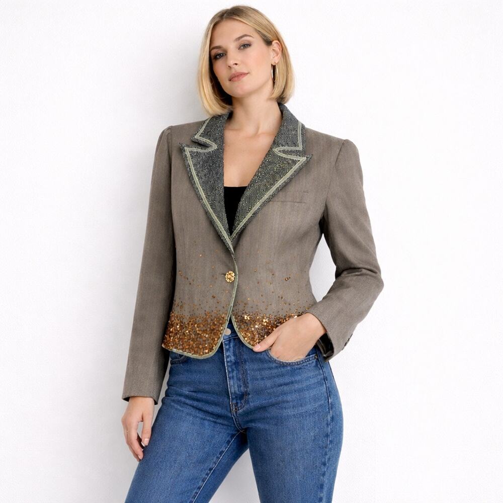 Vintage True Meaning Blazer Sequin Pinstripe Tweed Trim Jacket Size 12 Jewels - Picture 1 of 10